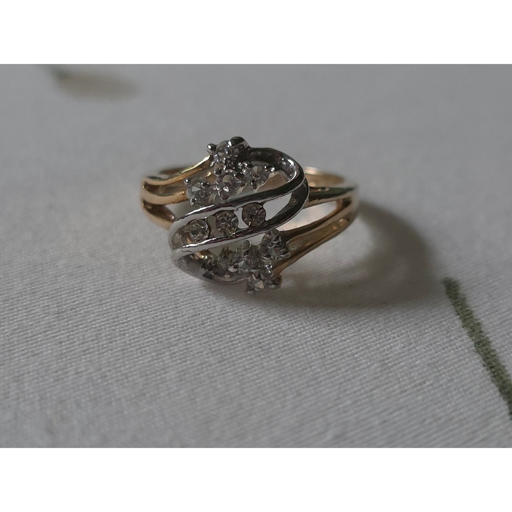 Vintage 14KT GE Two Tone Gold Electroplate Crystal Bypass Ring Size 6